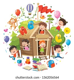 Vector Illustration Of Kids Nature Concept Tree House