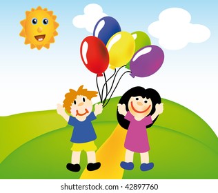 vector illustration of  kids in nice landscape with sun