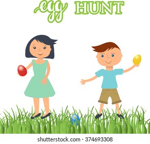 A vector illustration of kids on  Easter egg hunt. Cute boy and girl with eggs in their hands