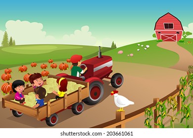 A vector illustration kids hayride in farm during Fall season