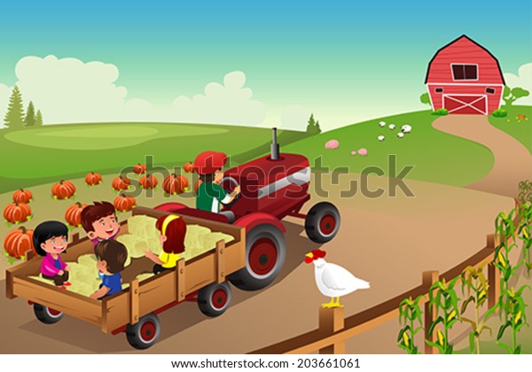 Vector Illustration Kids On Hayride Farm Stock Vector (Royalty Free ...