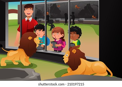 A vector illustration of kids on a school field trip to the zoo