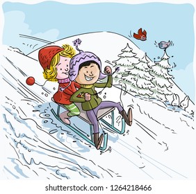 Vector illustration, kids on sleigh, cartoon concept.