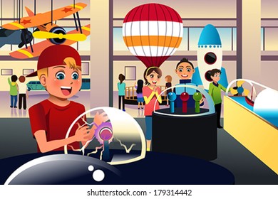 A Vector Illustration Of Kids On A Trip To A Science Center