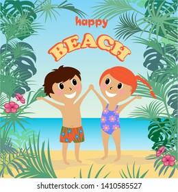 vector illustration of kids on a tropical beach, boy and girl sunbathing, cartoon design