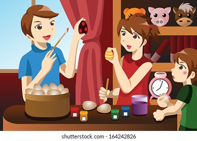 A vector illustration of kids painting Easter eggs at home