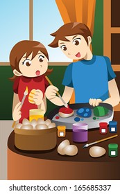 A vector illustration of kids painting Easter eggs at home
