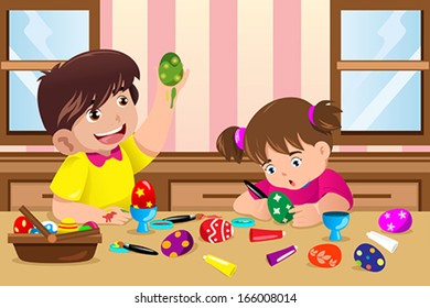 A vector illustration of kids painting Easter eggs at home