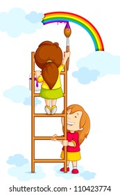 vector illustration of kids painting rainbow in clouds
