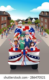 A Vector Illustration Of Kids In A Parade Celebrating Fourth Of July