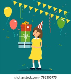 Vector illustration of kids party. Funny girl character with party hat keeping tack of gift boxes, confetti, balloons. Happy birthday celebrating party