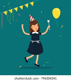 Vector illustration of kids party. Funny girl character jumping with party hats, confetti, balloons. Happy birthday celebrating party