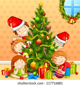 vector illustration of kids with peeping behind Christmas tree