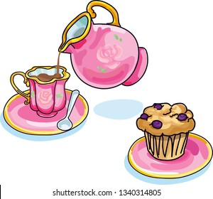 Vector Illustration Of Kids Pink Porcelain Tea Party Set Picnic Made Of Tea Pot, Cups And Muffin Isolated On White Background