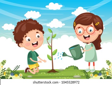 Vector Illustration Of Kids Planting