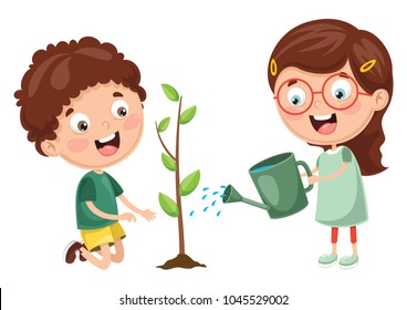 Vector Illustration Of Kids Planting