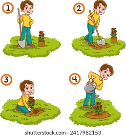 vector illustration of kids planting trees in the garden