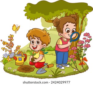 ilustración vectorial de niños plantando árboles en el jardín