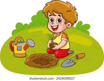 vector illustration of kids planting trees in the garden