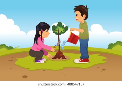 A vector illustration of Kids Planting and Watering a Tree