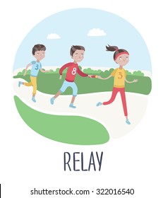 Vector illustration of kids play relay racing. Three kids running. The boy give the stick relay to the girl and lettering word Relay