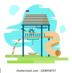 Vector Illustration Of Kids Playground. Jungle Gym With Different Playing Equipment. Rope Swing, Climbing Wall, Screw Slide, Helm, Telescope, Bell, Monkey Bars. 