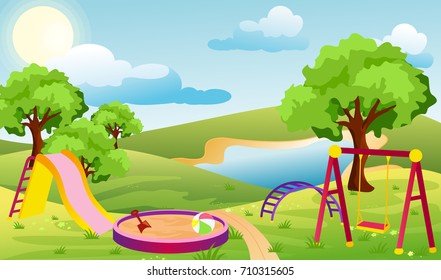Vector illustration of kids playground. Set of elements to create urban background, park landscape in cartoon flat style.