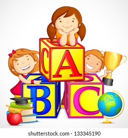 vector illustration of kids playing with alphabet block