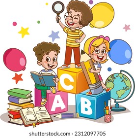 Vector Illustration of Kids Playing with Alphabet Blocks 