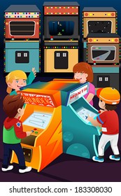 A Vector Illustration Of Kids Playing Arcade Games