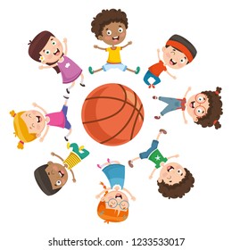 Vector Illustration Of Kids Playing Around A Ball