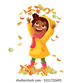 Vector  Illustration Of Kids Playing With Autumn Leaves. Afro American Girl  Throws Up Autumn Leaves