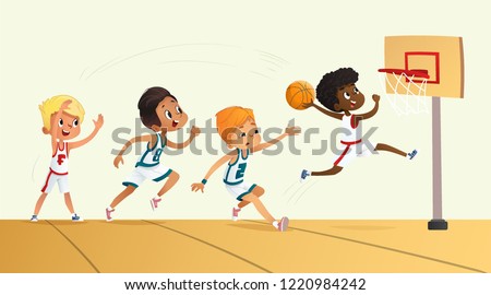 Vector Illustration Of Kids Playing Basketball. Team Playing Game. Team competition.