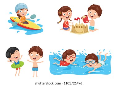 Vector Illustration Of Kids Playing At Beach and Sea