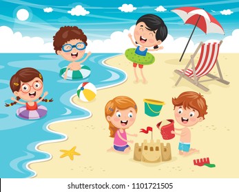 Vector Illustration Of Kids Playing At Beach And Sea