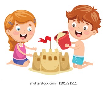 Vector Illustration Of Kids Playing At Beach and Sea