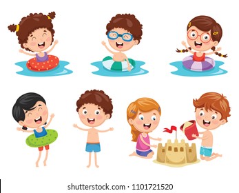 Vector Illustration Of Kids Playing At Beach and Sea