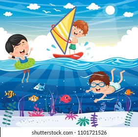 Vector Illustration Of Kids Playing At Beach and Sea