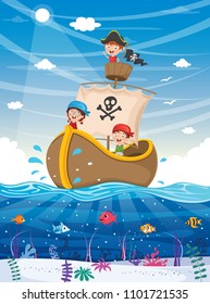 Vector Illustration Of Kids Playing At Beach and Sea