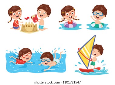 Vector Illustration Of Kids Playing At Beach and Sea