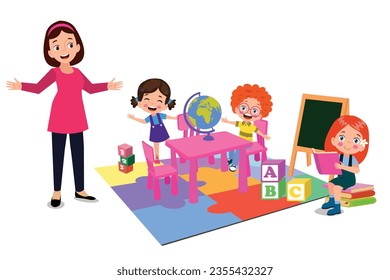 Vector Illustration Of Kids Playing in the clasroom