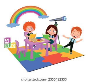 Vector Illustration Of Kids Playing in the clasroom