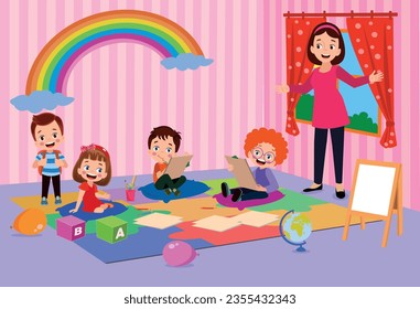 Vector Illustration Of Kids Playing in the clasroom