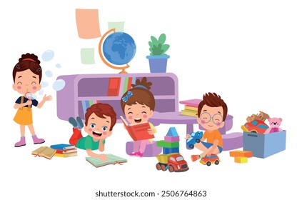 Vector Illustration Of Kids Playing in the clasroom