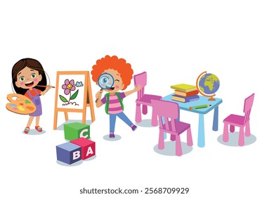 Vector Illustration Of Kids Playing in the clasroom