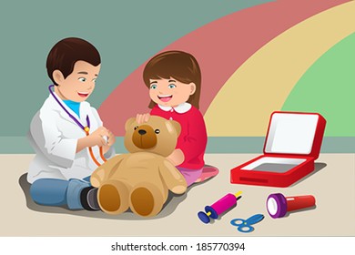 A vector illustration of kids playing doctor together