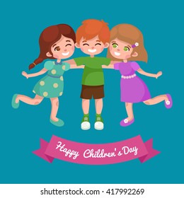 Vector illustration kids playing, greeting card happy childrens day background