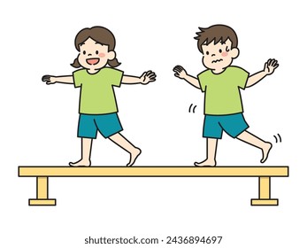 Vector illustration of kids playing gymnastics balance beam