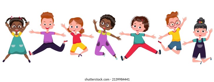  Vector illustration of kids playing, happy cute kids boy and girl jumping