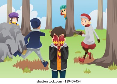 A vector illustration of kids playing hide and seek in the park